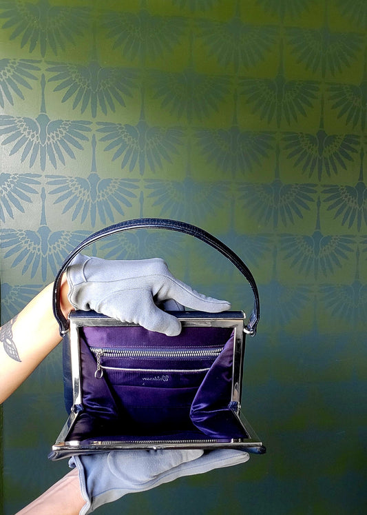 SOLD - Vintage "Waldman" Mid Century Navy Leather Handbag