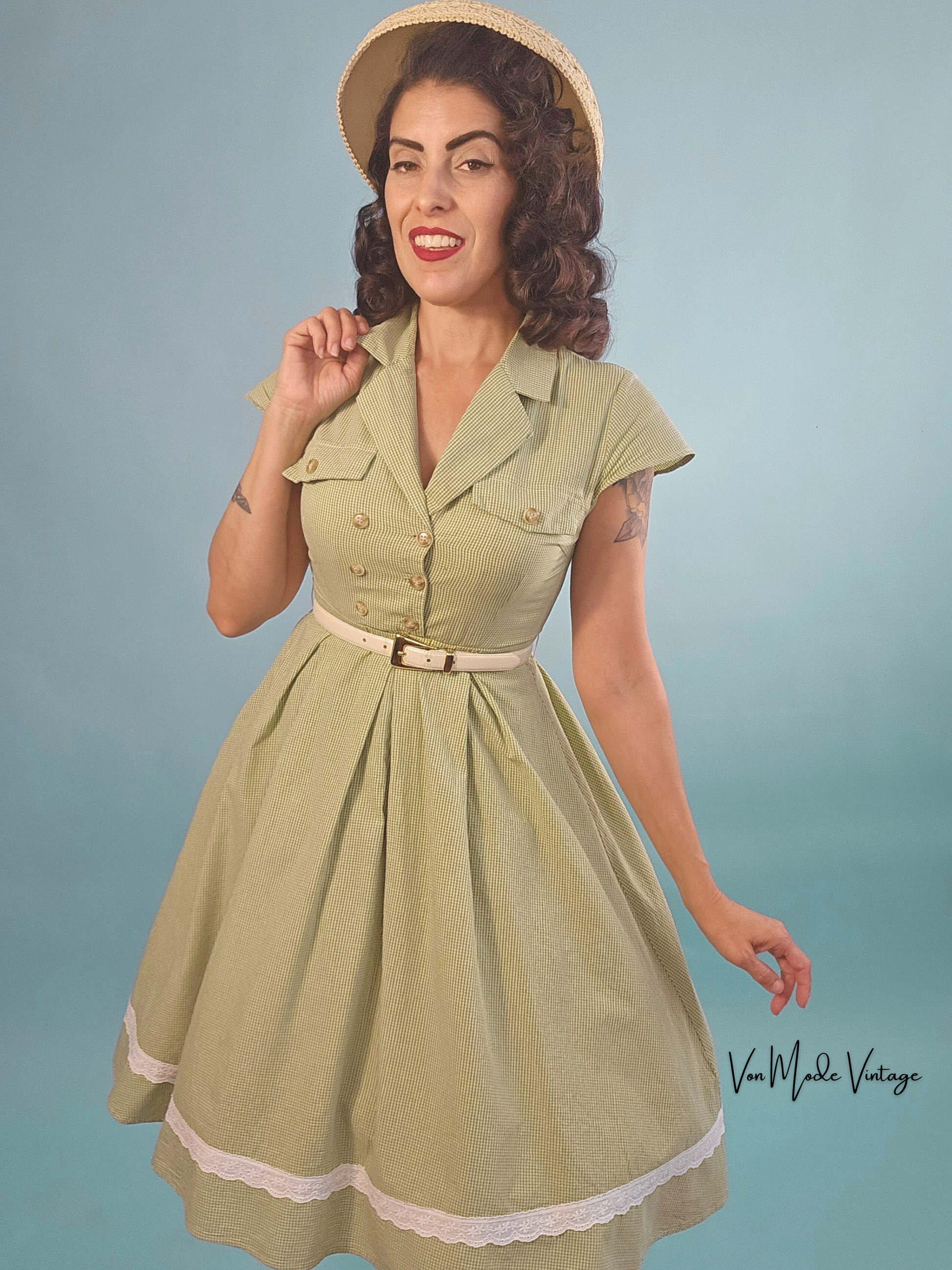 1940's Style Shirtwaist Dress - Green Gingham - S 1940's Style Shirtwaist Dress - Green Gingham - S