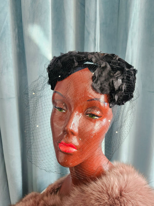 SOLD - Vintage 1950's Black Velvet & Silk Floral Topper