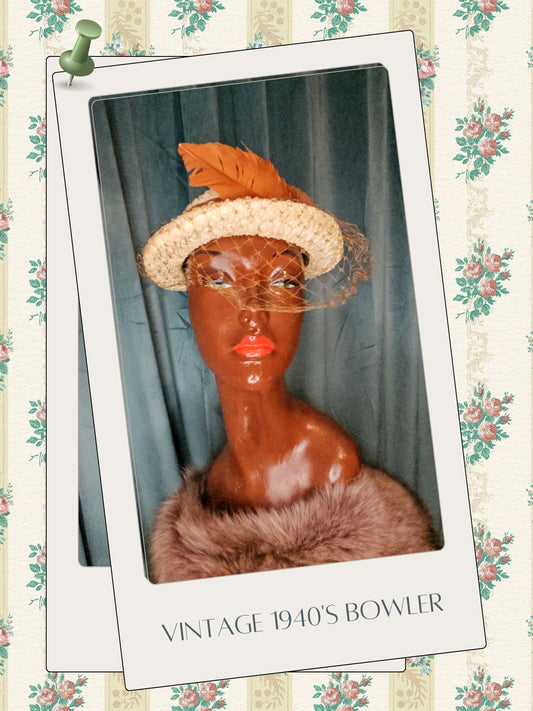 SOLD - Vintage 1940's Straw Bowler Hat