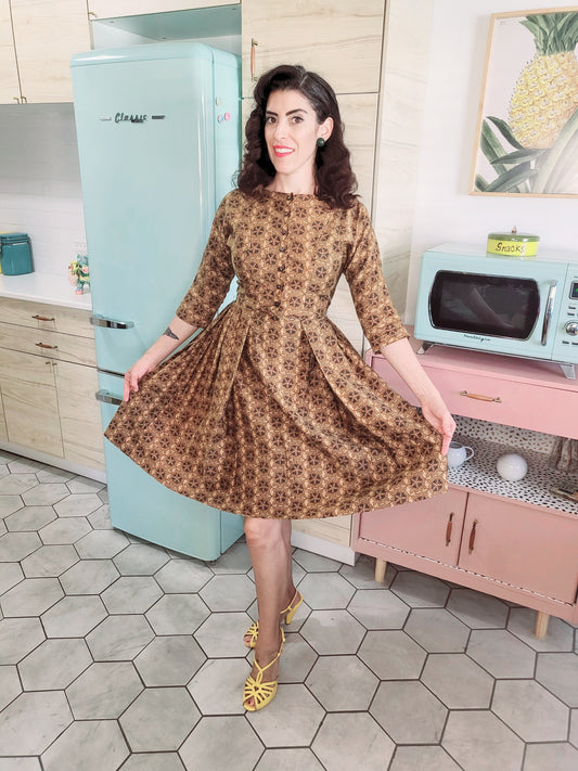 SOLD - Vintage 1950's Printed Day Dress-Brown