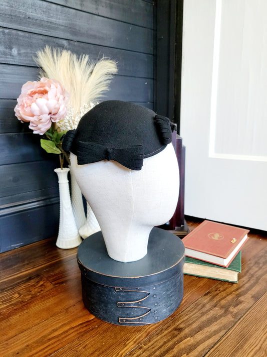 SOLD - Vintage 1950s Black Felted Wool Helmet Cap with Bow Ornamentation