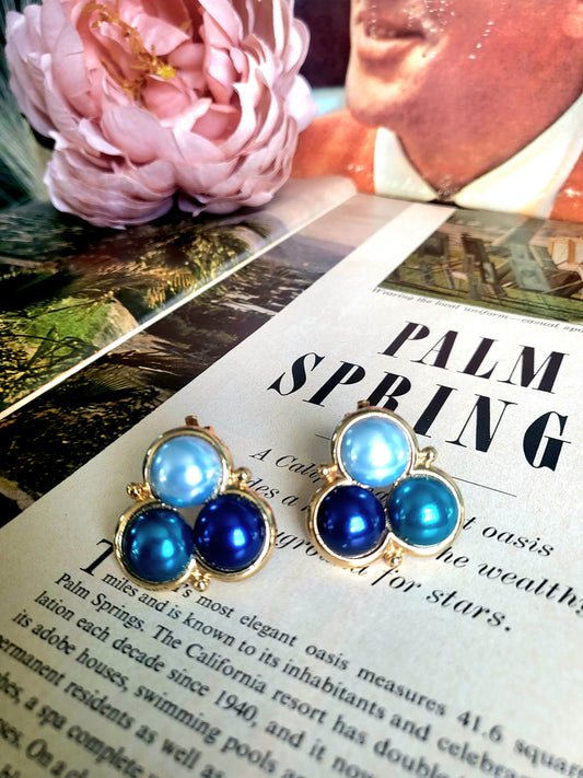 SOLD - Vintage Tri-Circle Blue and Teal Faux Pearl Studs (Clip-on)