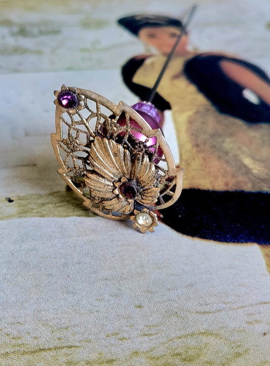 SOLD - Vintage Golden Leaf and Purple Bead Hat Pin