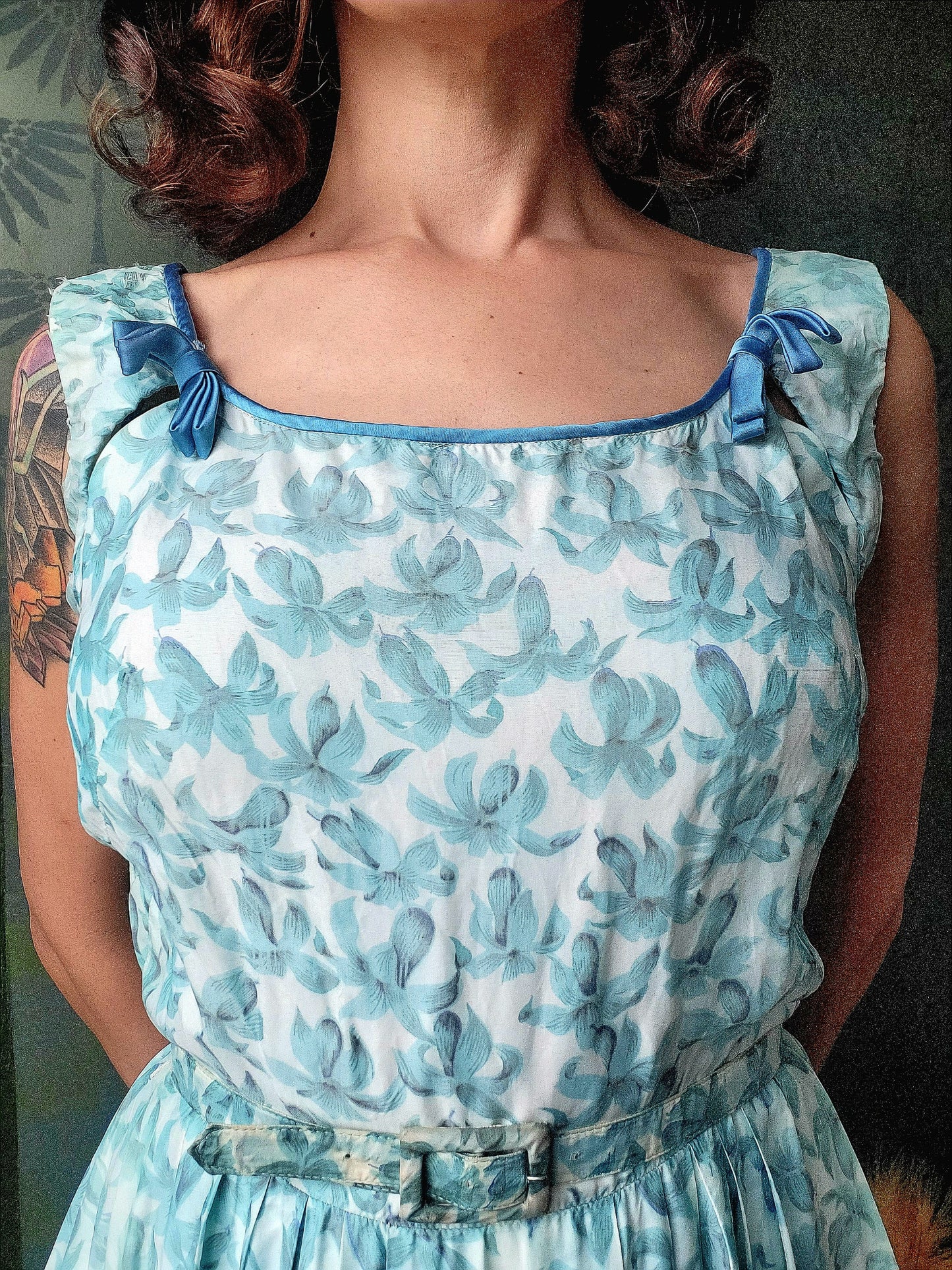 SOLD - Vintage 1950's Robbin Egg Blue Floral Full Skirt Dress With Sky Blue Ribbon Detail