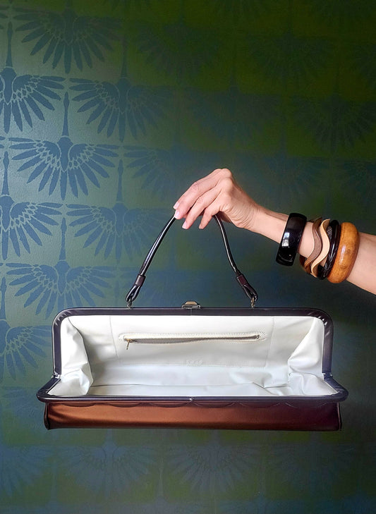 SOLD - Vintage 1950's - 1960's Chocolate Brown Vinyl Barrell Handbag