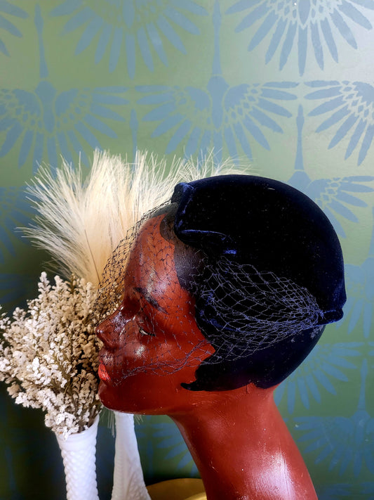 SOLD - Vintage 1950's Dark Navy Velvet Juliet Cap with Birdcage Veil
