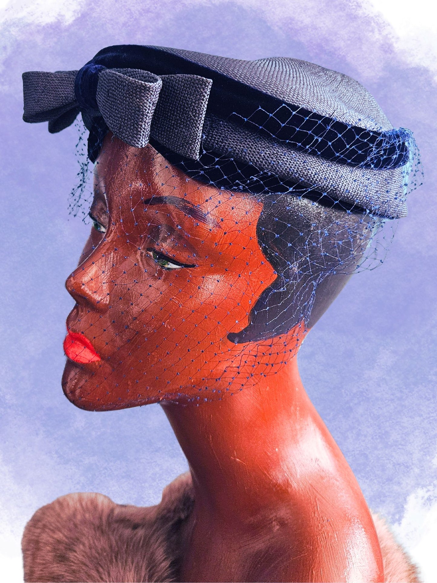 Vintage Navy Straw & Velvet Topper