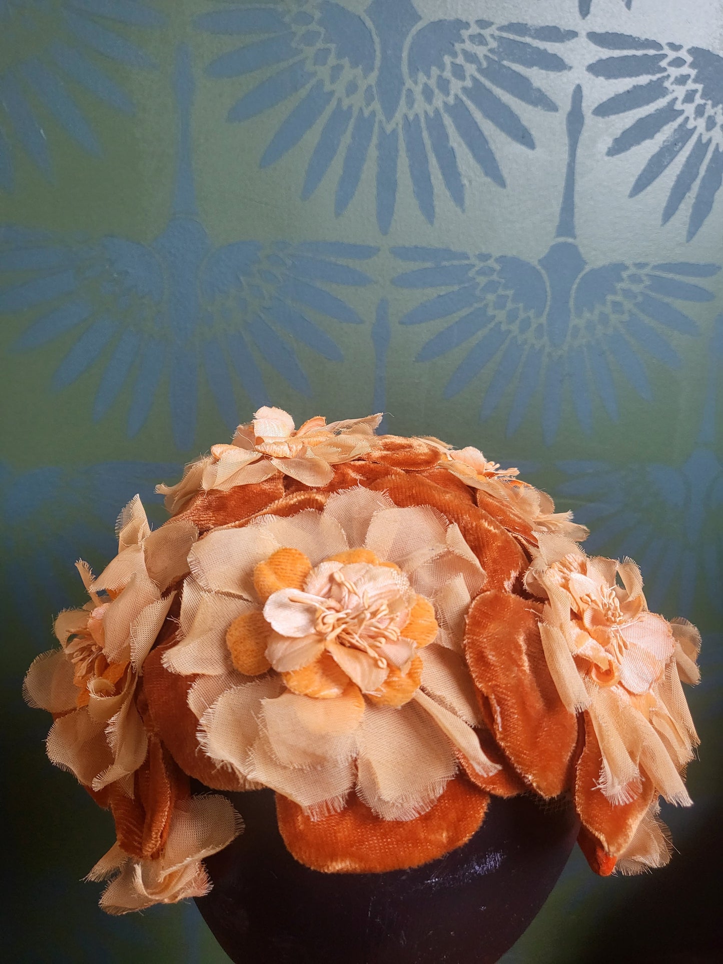 SOLD - Vintage 1950s-1960s Peach and Dark Orange Plush Velvet and Tan Chiffon Flower Crescent Topper