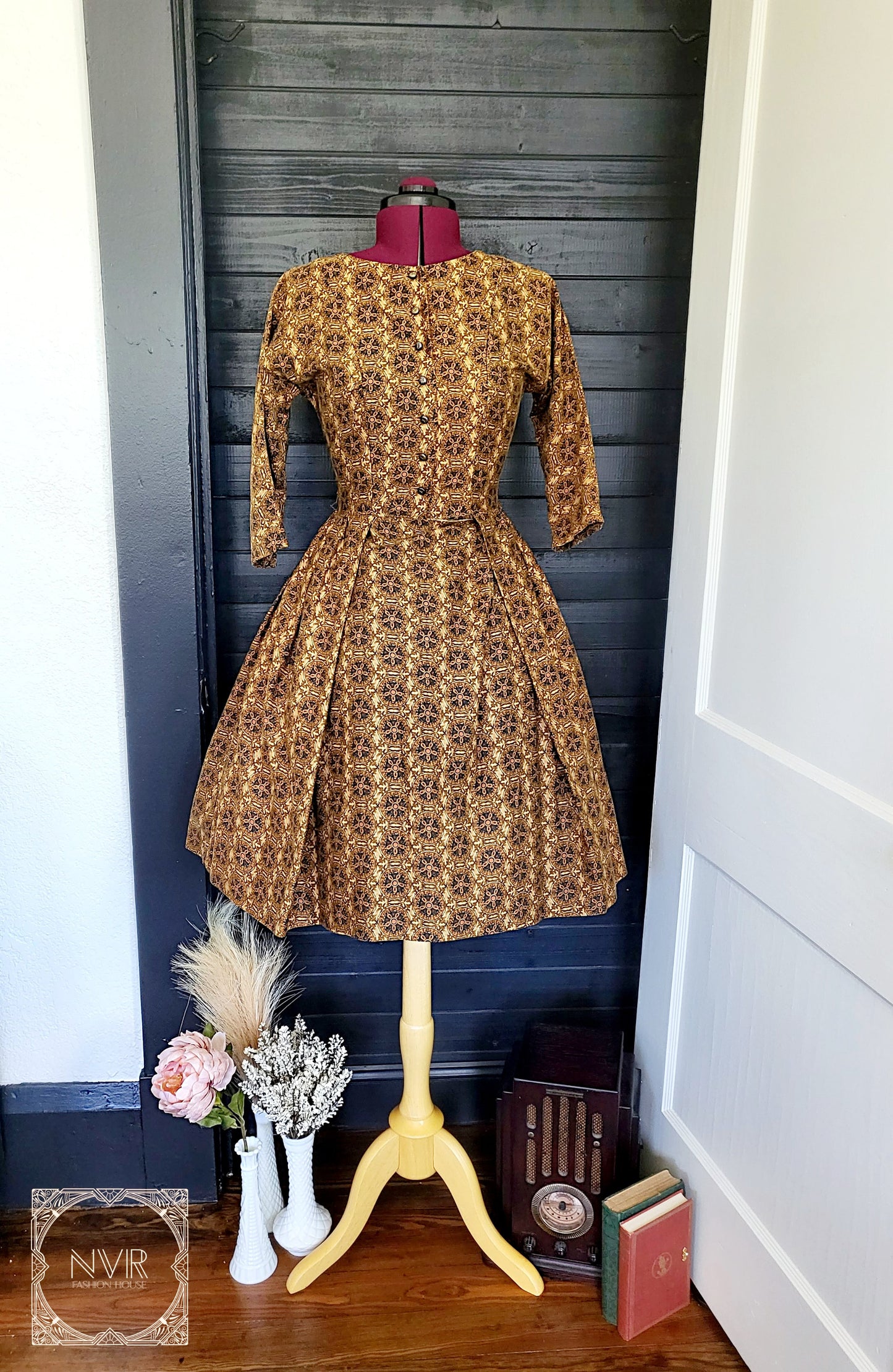 SOLD - Vintage 1950's Printed Day Dress-Brown
