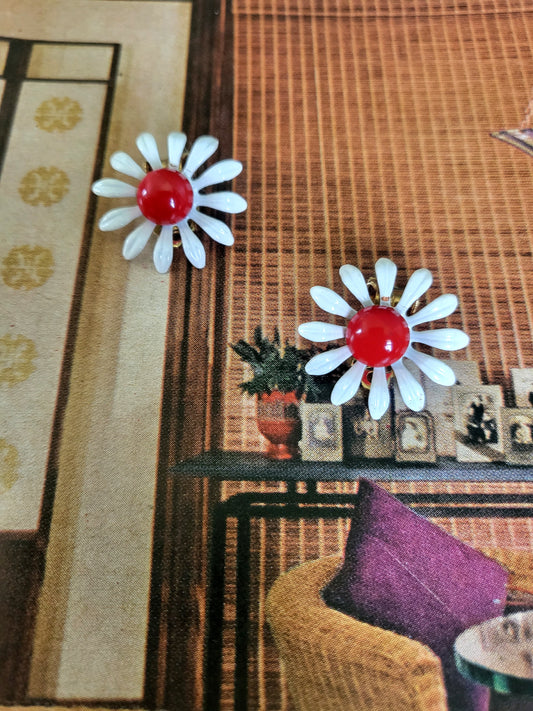 SOLD - Vintage Red & White Daisy Earrings (Clip-On)