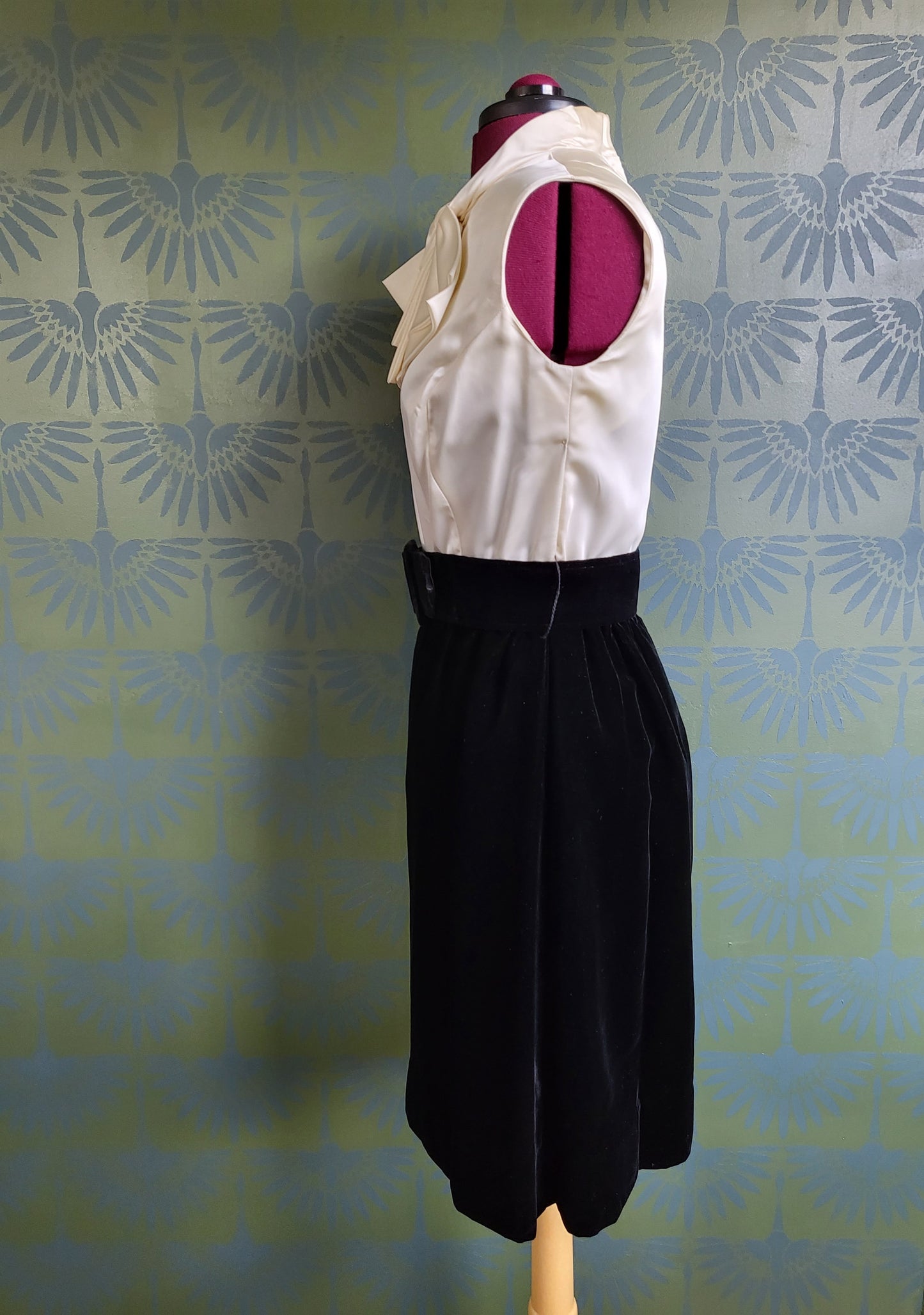 Vintage 1960's Ivory Satin and Black Velvet Color Block Dress with Bolero