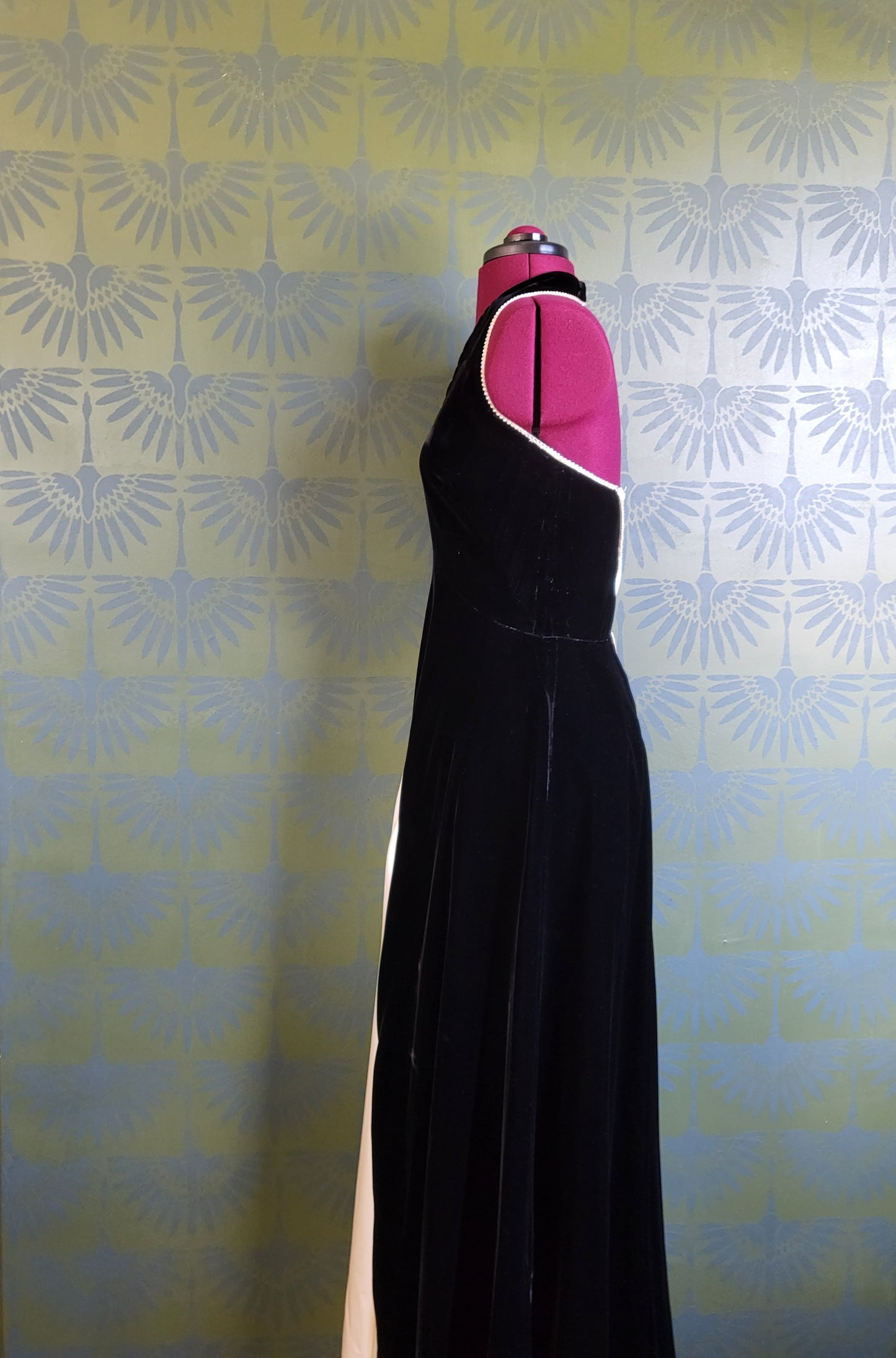 SOLD - Vintage Black Velvet and Ivory Satin Evening Halter Gown