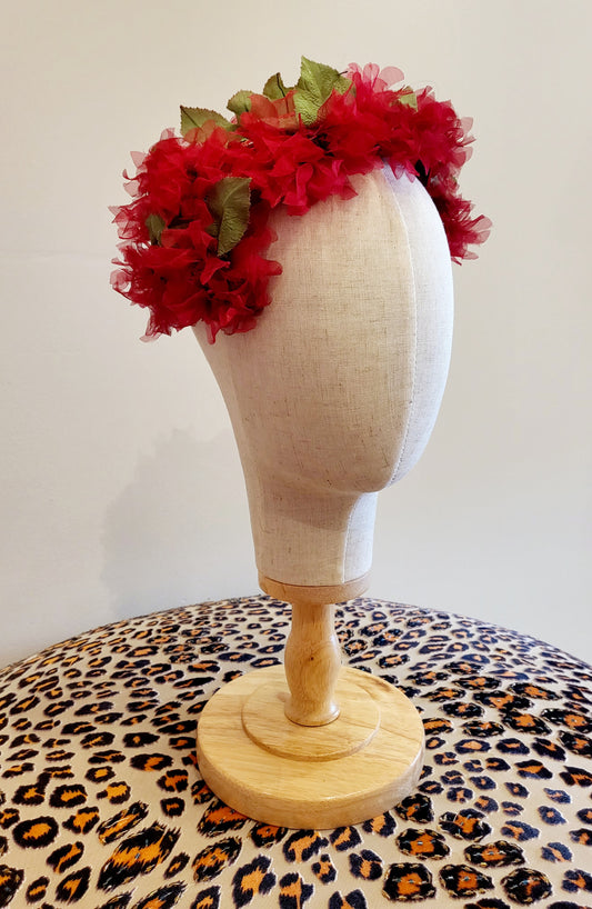 SOLD - Vintage Red Flower and Green Leaf Crescent Fascinator Hat