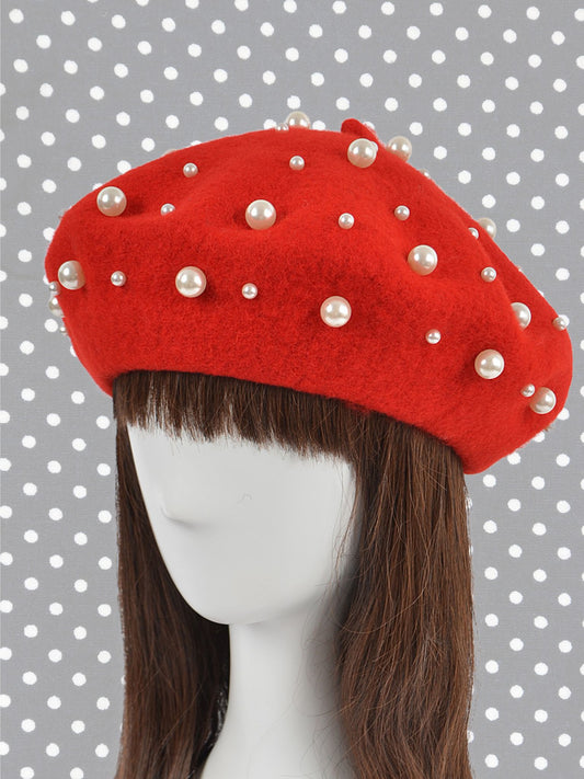 Beret with Pearls - Red