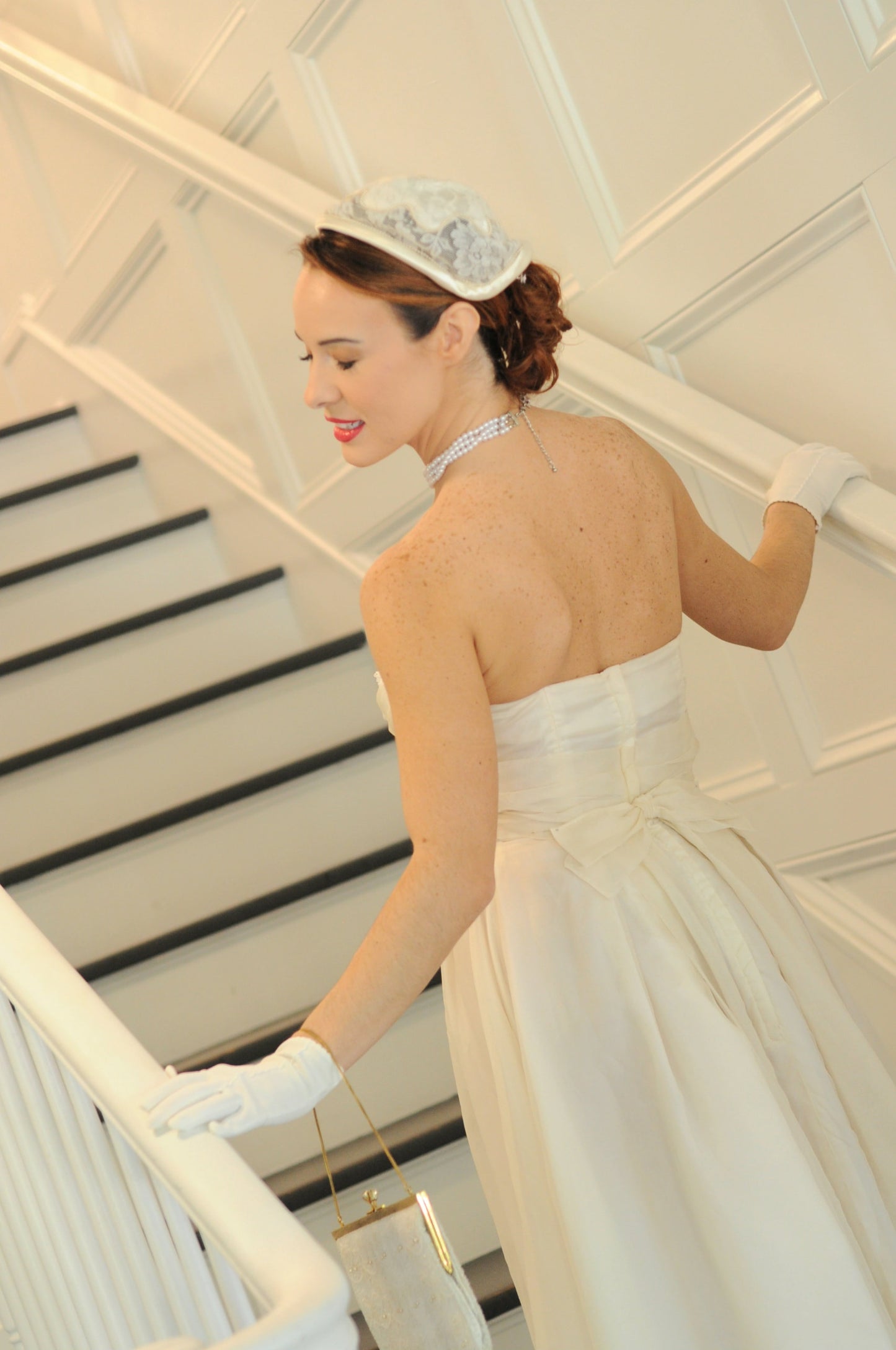 SOLD - Vintage 1950's Strapless Ivory Wedding Dress with Sequenced Lace Appliques