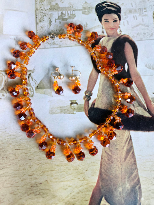 SOLD - Vintage Translucent Pumpkin Faux Crystal Bead Necklace and Earring Set