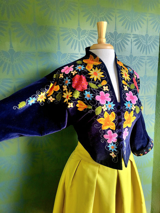 SOLD - Vintage Platinum by Dorothy Schoelen Navy Velvet Floral Bolero