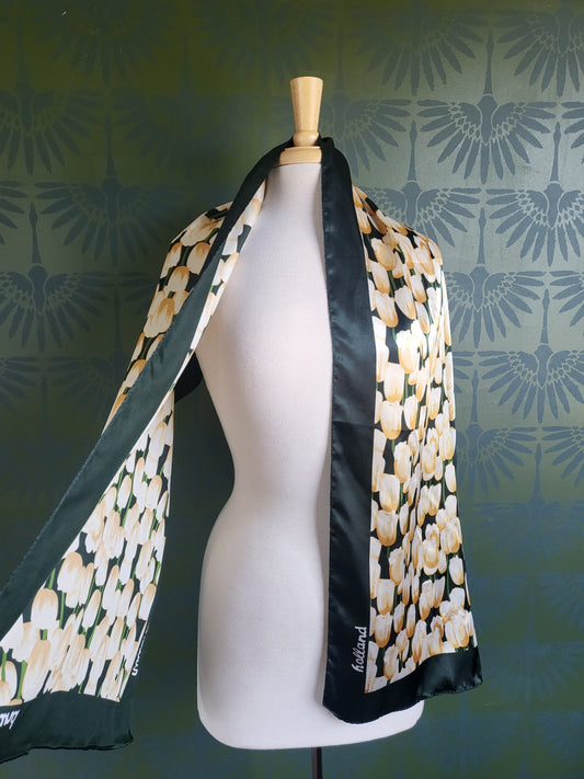 SOLD - Vintage Robin Ruth Tulip Scarf Forrest Green Floral Flowers Long Rectangle