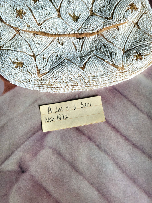 SOLD - Vintage 1930s Hand Beaded Palm Clutch - White and Peach