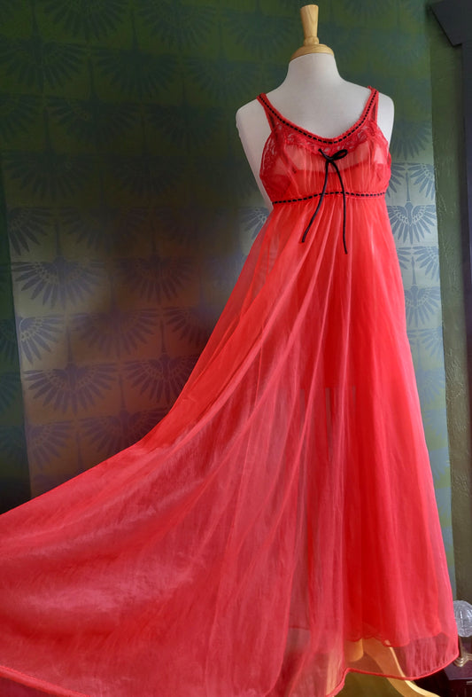 SOLD - Vintage Red Chiffon and Lace Trim Long Negligee