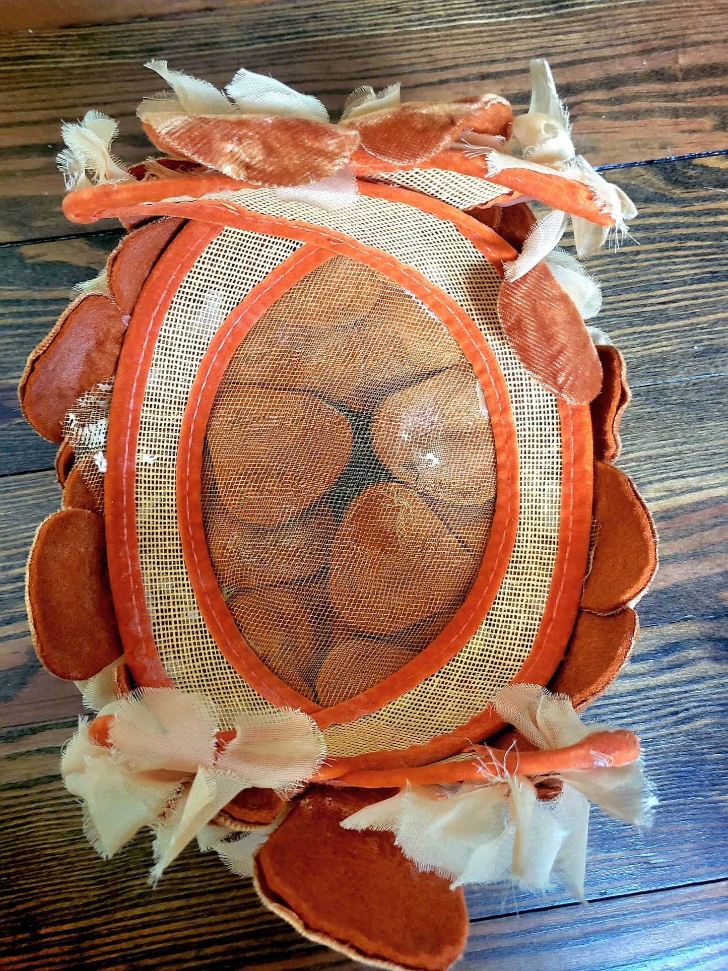 SOLD - Vintage 1950s-1960s Peach and Dark Orange Plush Velvet and Tan Chiffon Flower Crescent Topper
