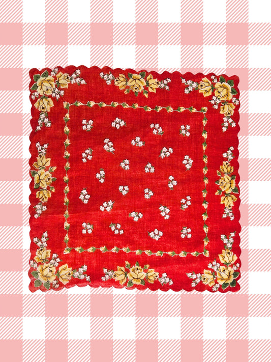 Vintage Handkerchief Square - Red Floral Scalloped Edge