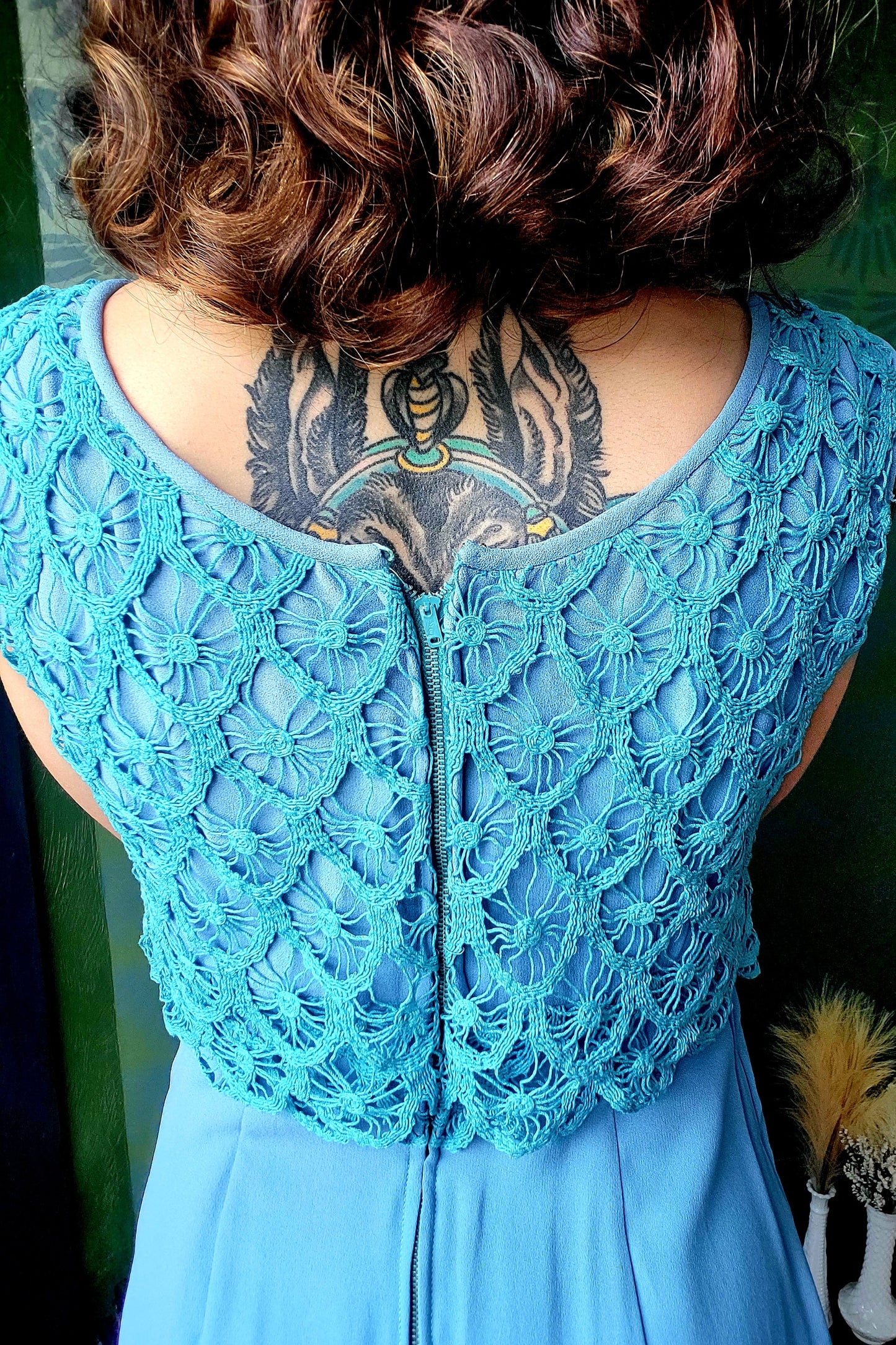 SOLD - Vintage 1960's Sky Blue with Teal Crocheted Bodice Shift Dress