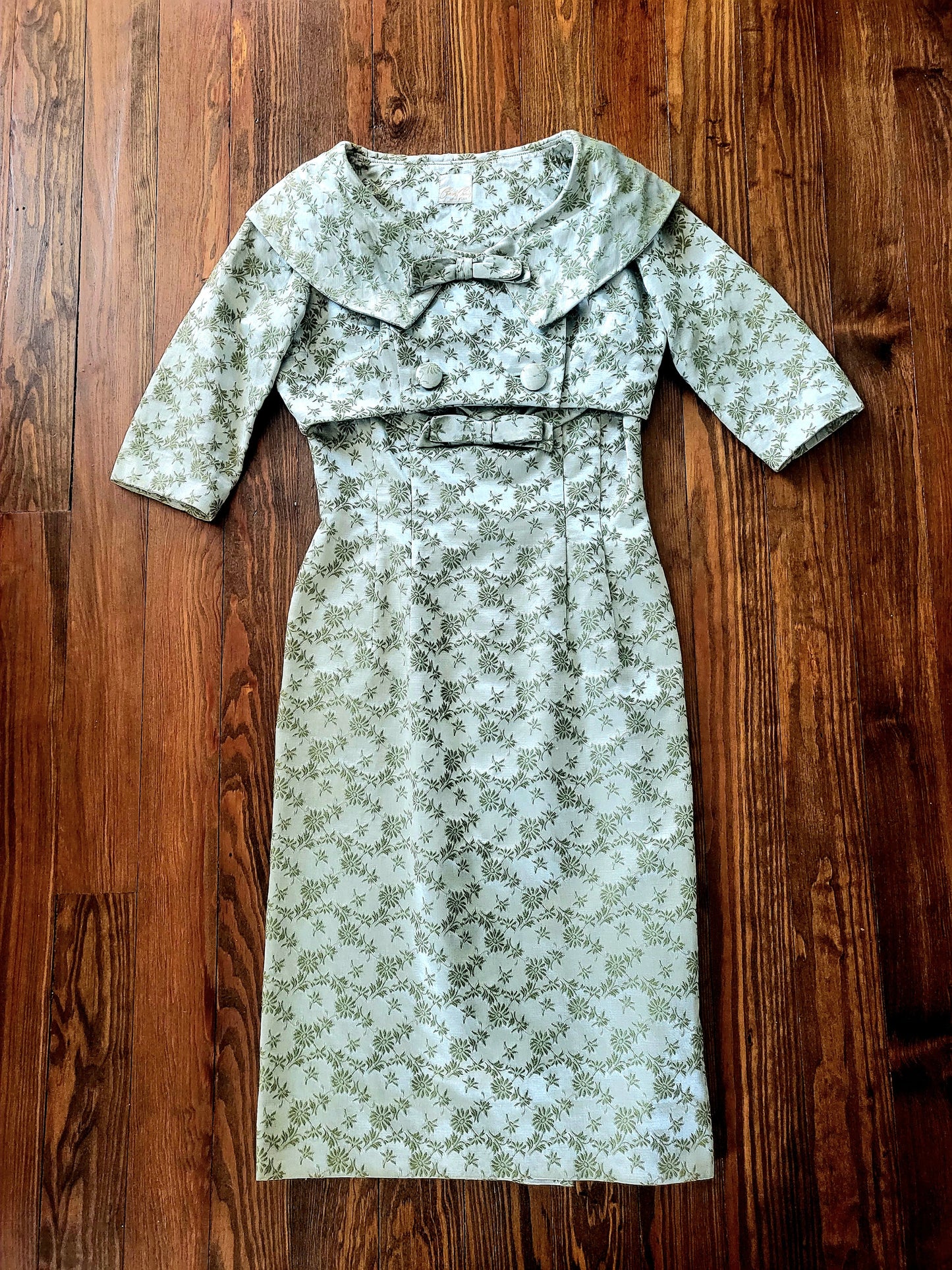 SOLD - Vintage 1950's-1960's Carol Craig Sage Green Brocade Wiggle Dress with Bolero