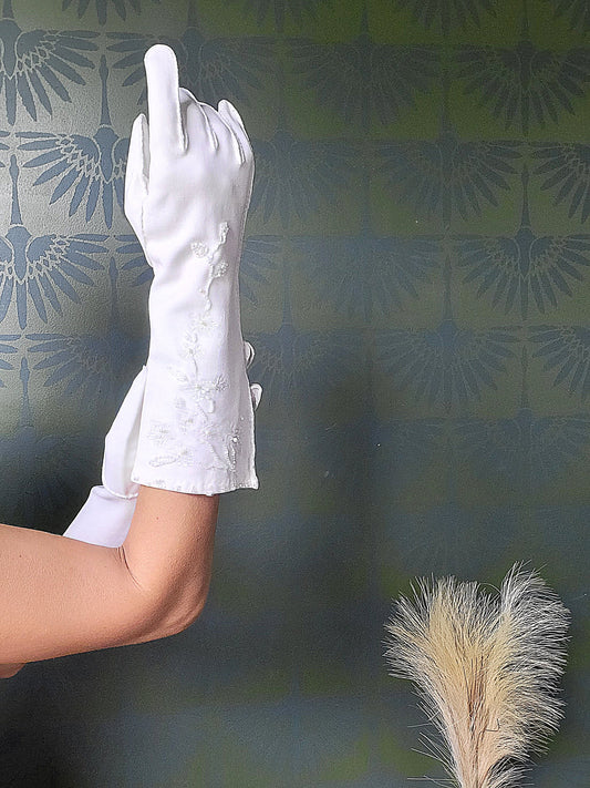 SOLD - Vintage 1950's-1960's White Nylon Floral Beaded Long Gloves