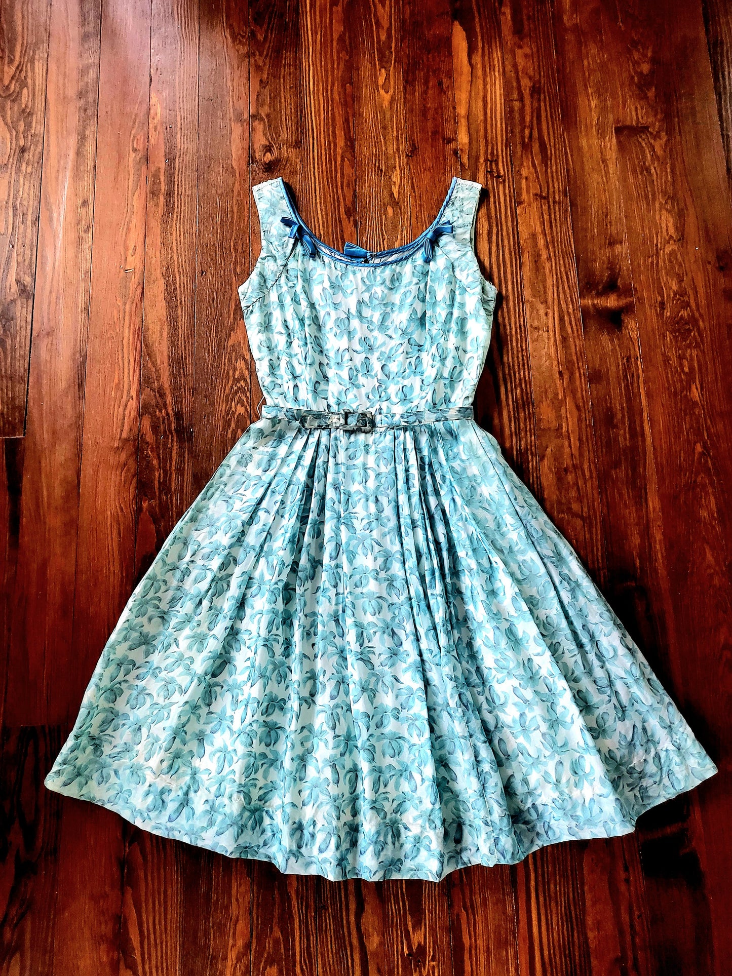 SOLD - Vintage 1950's Robbin Egg Blue Floral Full Skirt Dress With Sky Blue Ribbon Detail