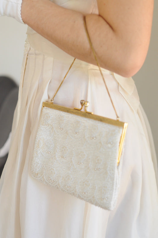 SOLD -  Vintage 1950's White Satin and Bead Evening Bag