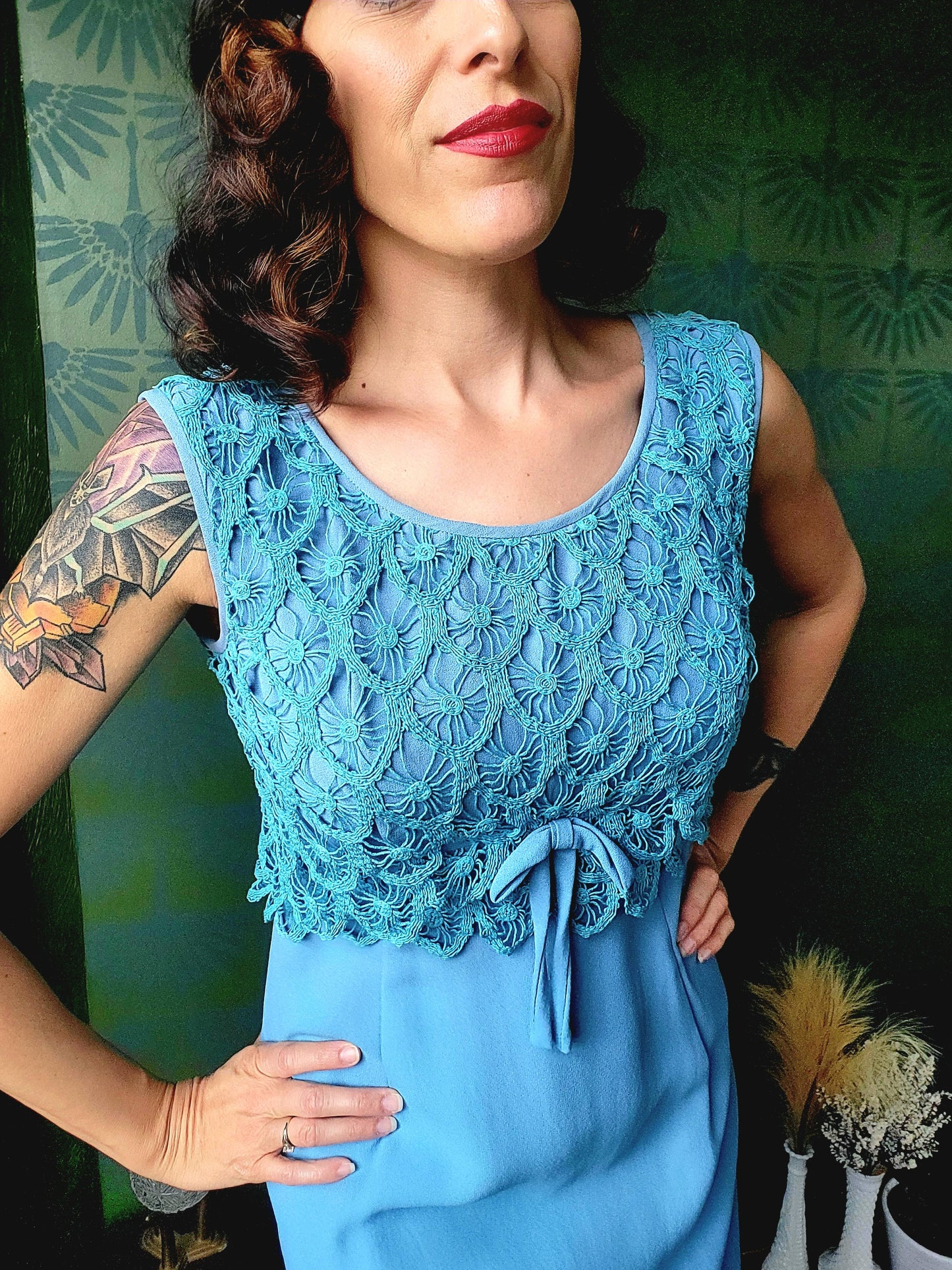 SOLD - Vintage 1960's Sky Blue with Teal Crocheted Bodice Shift Dress