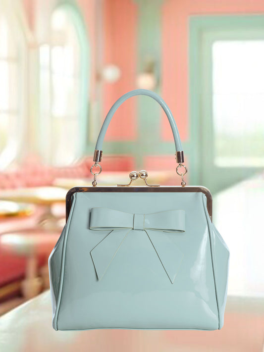 Vintage Style Handbag with Bow - Pale Blue