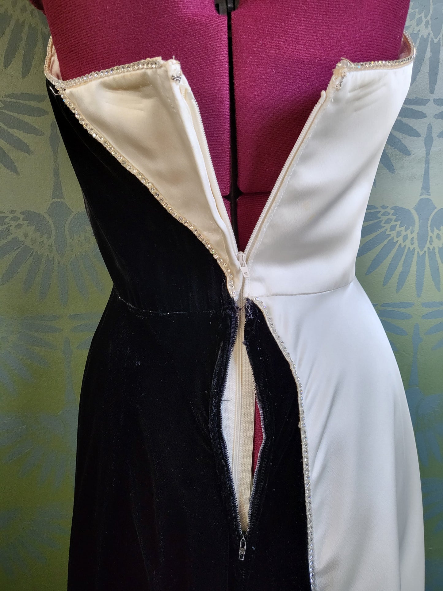 SOLD - Vintage Black Velvet and Ivory Satin Evening Halter Gown