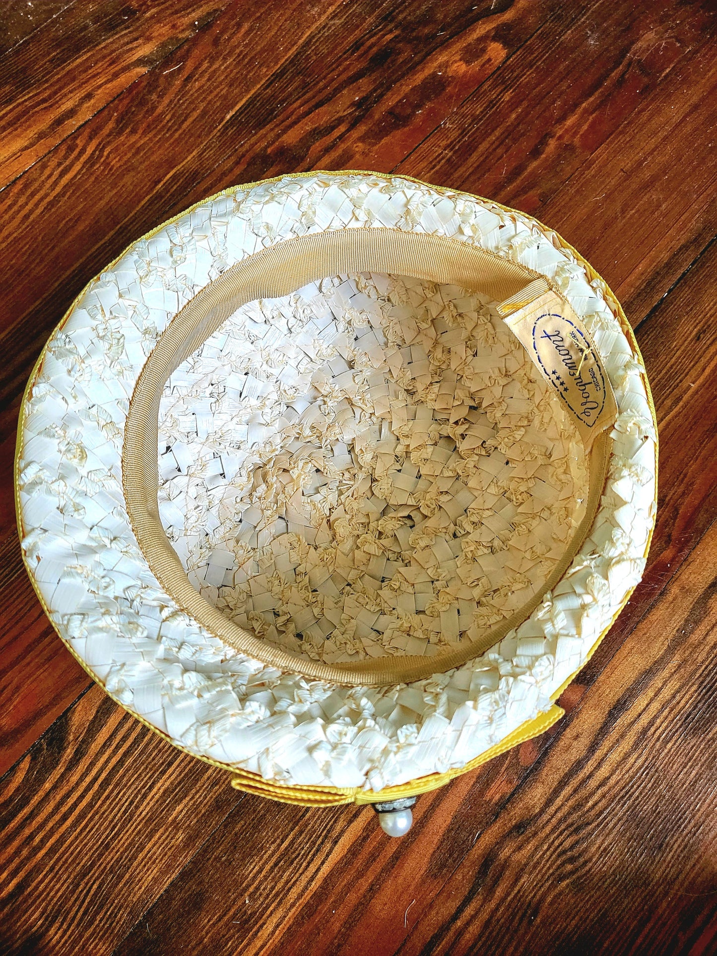 SOLD - Vintage 1950s-1960s Voguemont  Ivory Straw Weave Volume Hat with lemon Yellow Ribbon Trim and Faux Pearl Adornment