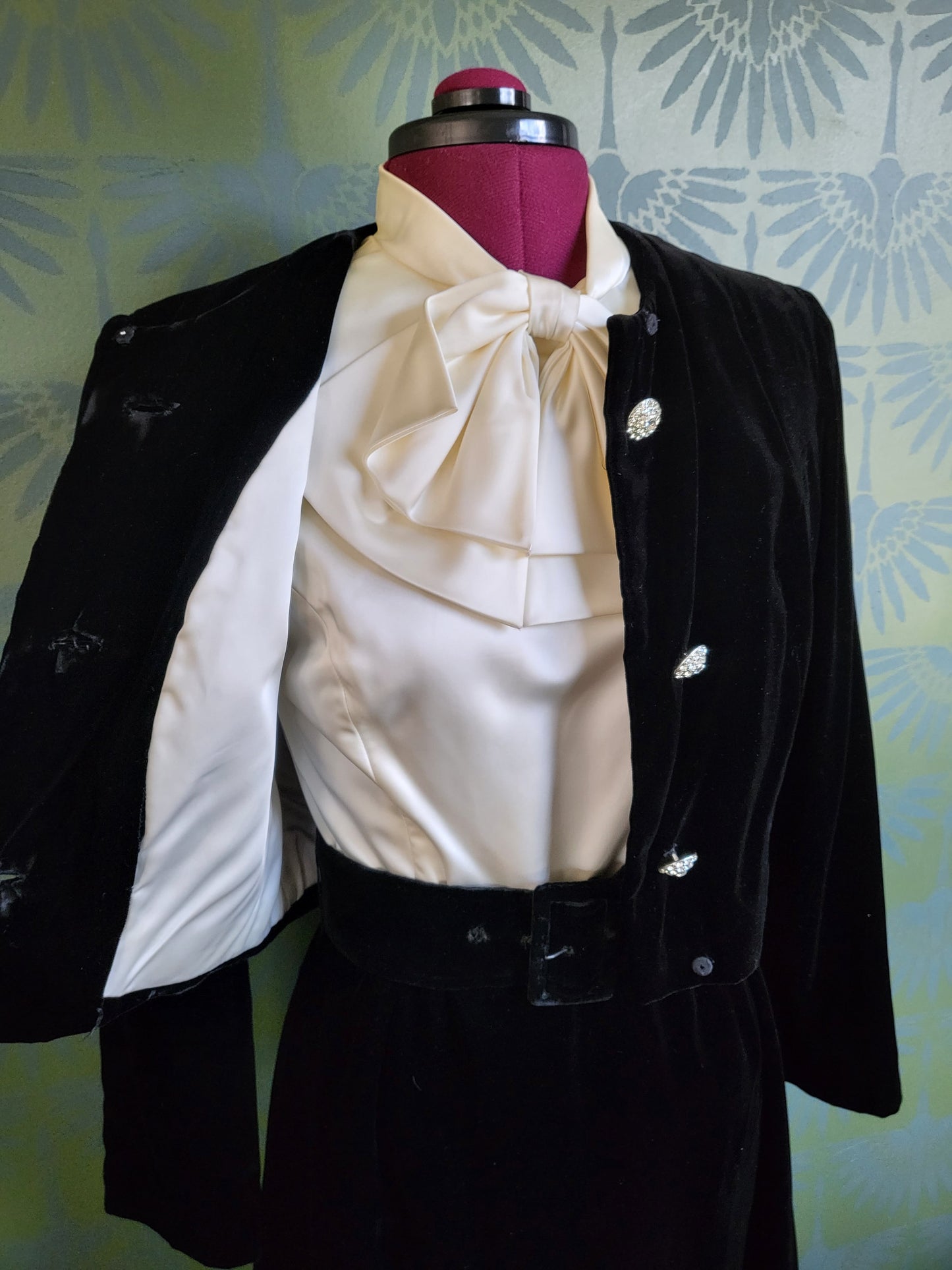 Vintage 1960's Ivory Satin and Black Velvet Color Block Dress with Bolero