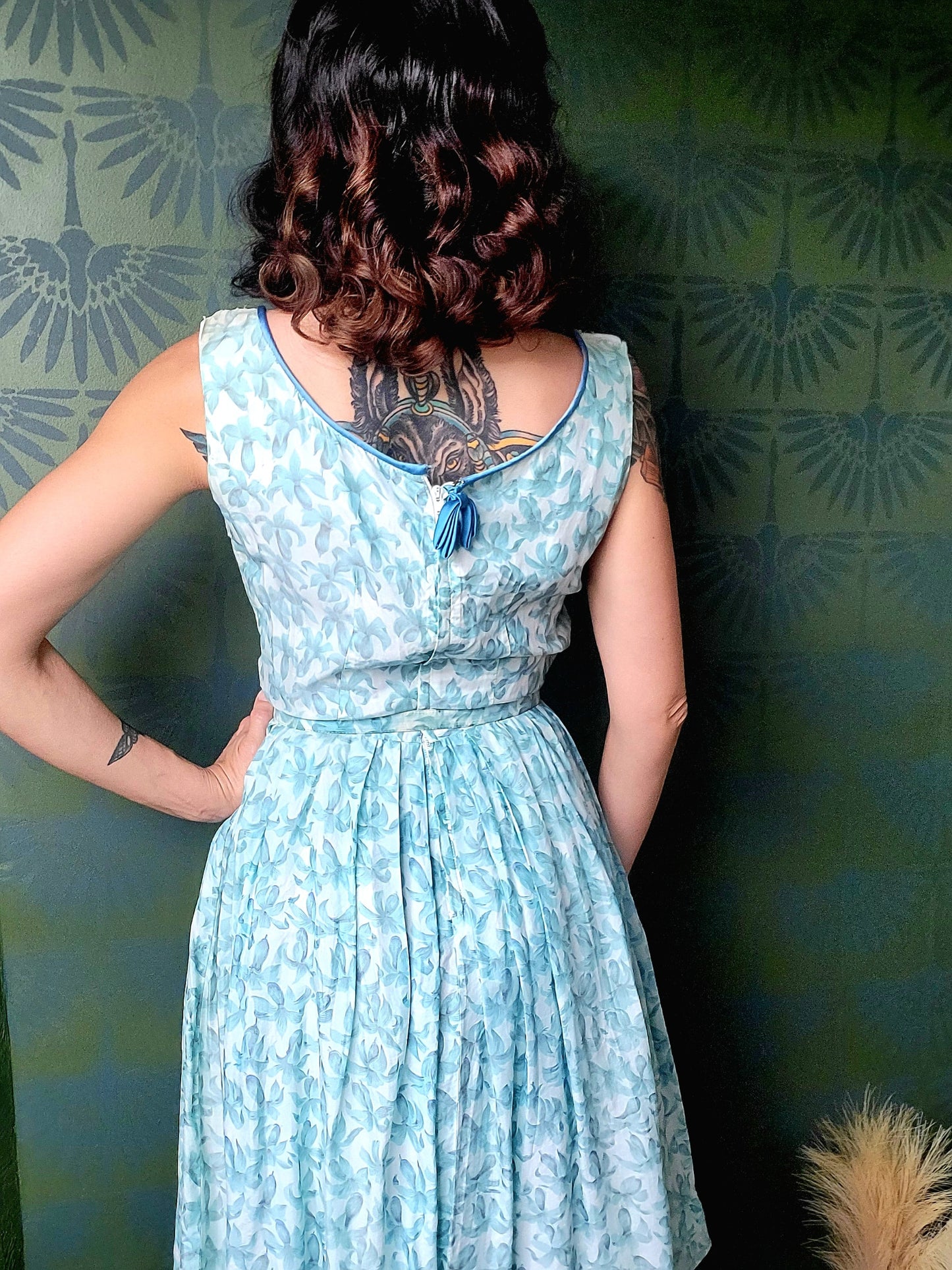 SOLD - Vintage 1950's Robbin Egg Blue Floral Full Skirt Dress With Sky Blue Ribbon Detail