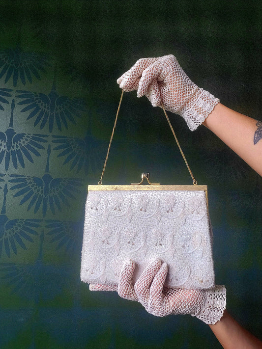 SOLD -  Vintage 1950's White Satin and Bead Evening Bag