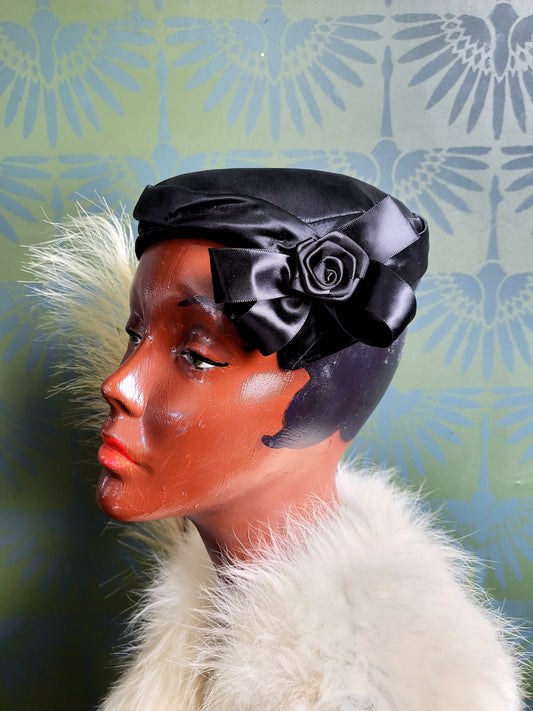 SOLD - Vintage 1950's Black Satin Circle Hat