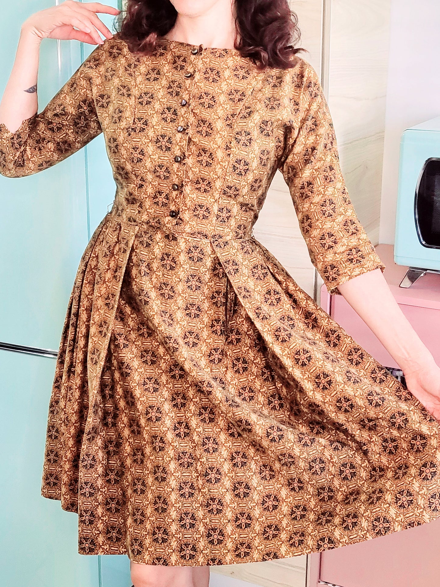 SOLD - Vintage 1950's Printed Day Dress-Brown