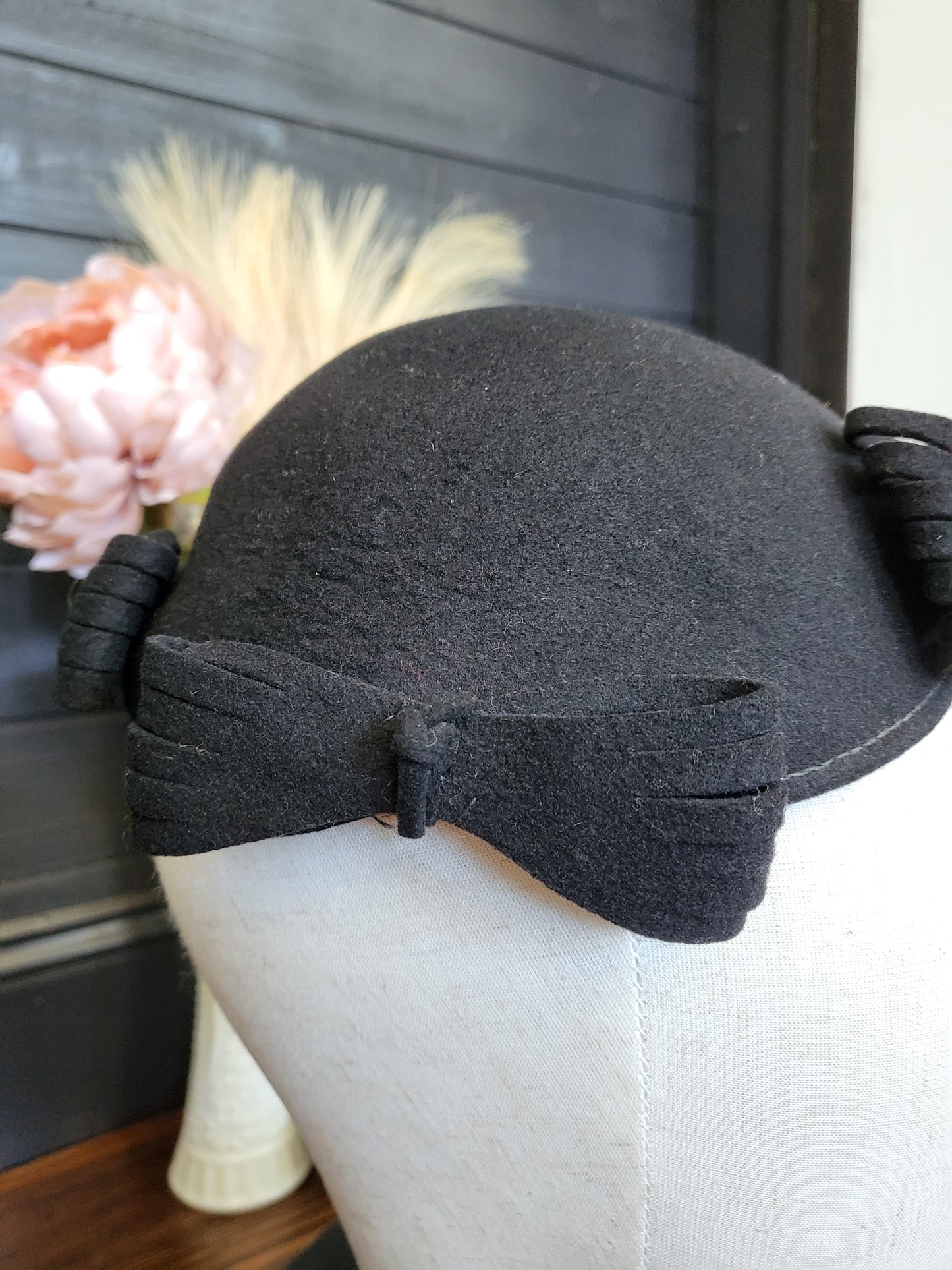 SOLD - Vintage 1950s Black Felted Wool Helmet Cap with Bow Ornamentation