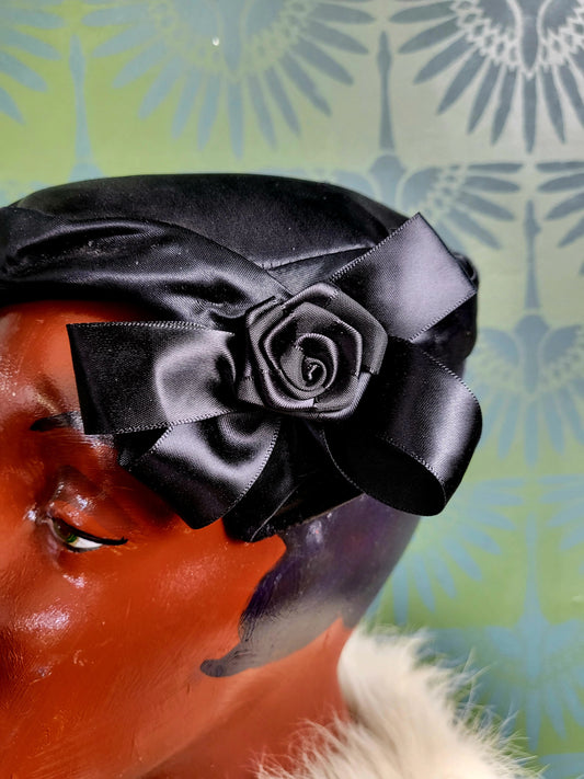 SOLD - Vintage 1950's Black Satin Circle Hat