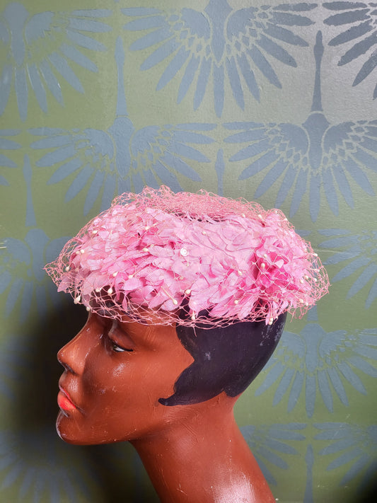 SOLD - Vintage 1950's-1960's Pink Petal Halo Cap with Birdcage Veil