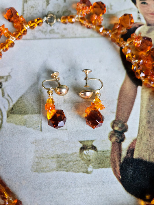 SOLD - Vintage Translucent Pumpkin Faux Crystal Bead Necklace and Earring Set