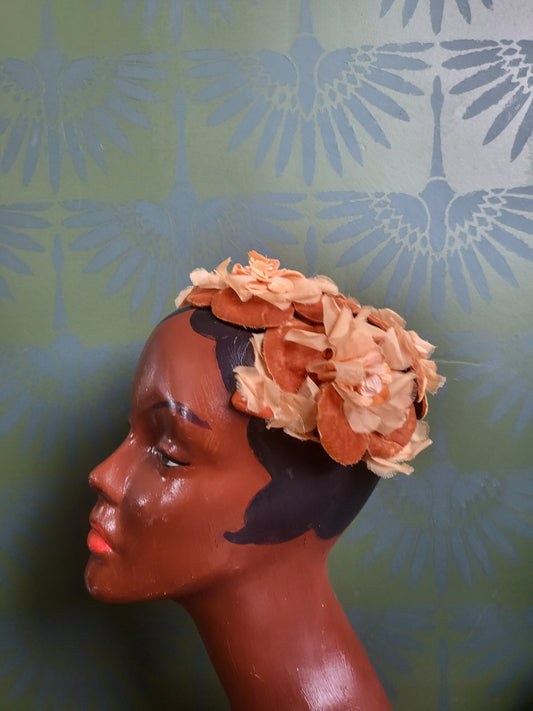 SOLD - Vintage 1950s-1960s Peach and Dark Orange Plush Velvet and Tan Chiffon Flower Crescent Topper