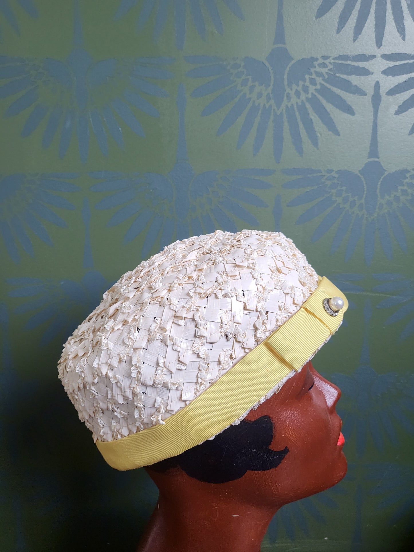 SOLD - Vintage 1950s-1960s Voguemont  Ivory Straw Weave Volume Hat with lemon Yellow Ribbon Trim and Faux Pearl Adornment