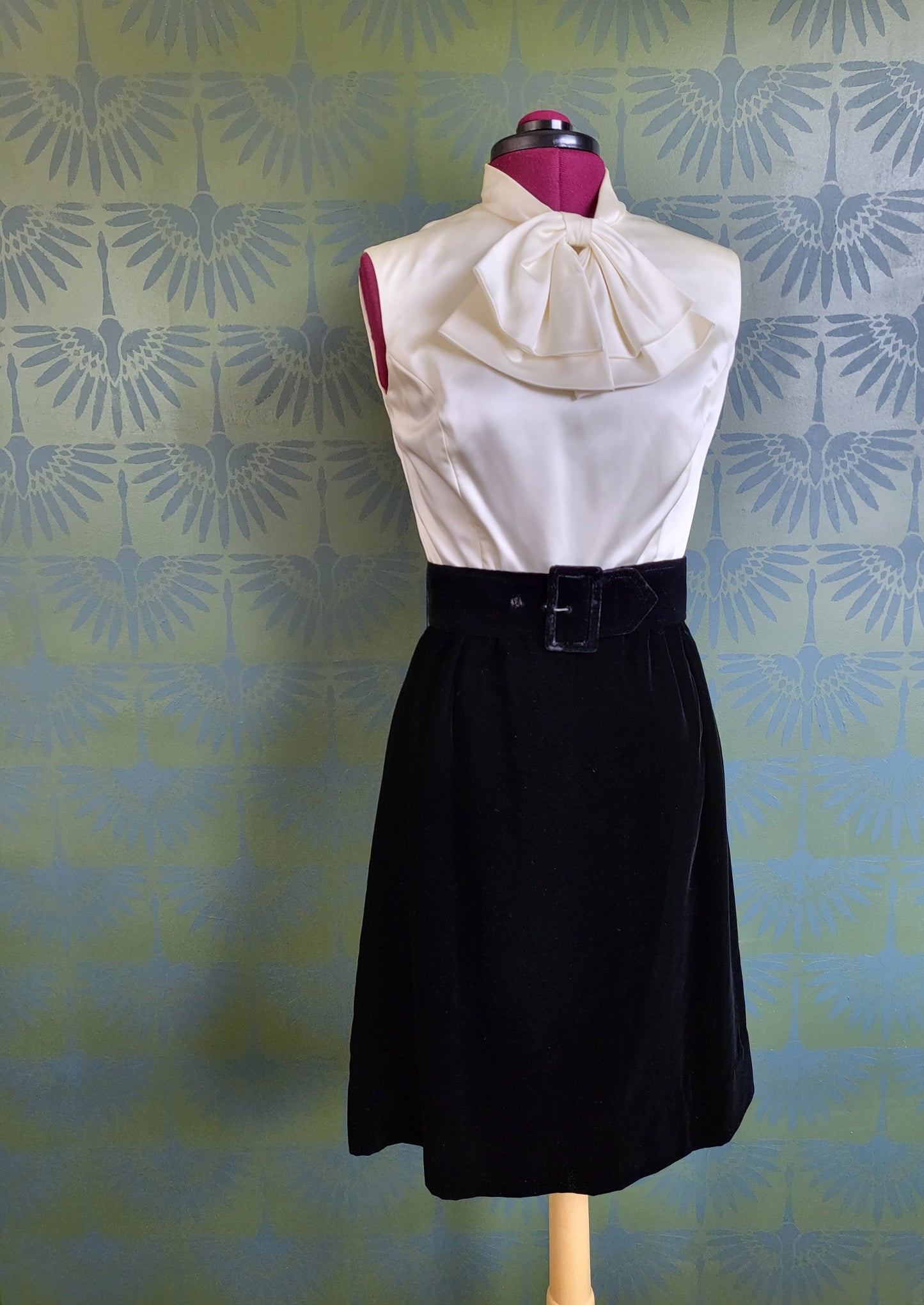 Vintage 1960's Ivory Satin and Black Velvet Color Block Dress with Bolero