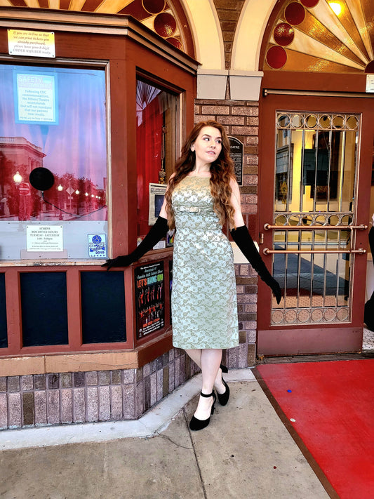 SOLD - Vintage 1950's-1960's Carol Craig Sage Green Brocade Wiggle Dress with Bolero
