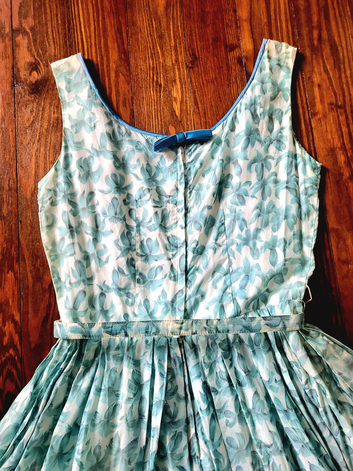 SOLD - Vintage 1950's Robbin Egg Blue Floral Full Skirt Dress With Sky Blue Ribbon Detail
